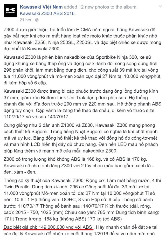 
Thông báo trên fan page Kawasaki Việt Nam về việc Z300 ABS sắp được phân phối chính hãng vào cuối tháng 1 với giá chỉ 149 triệu Đồng. Ảnh chụp màn hình
