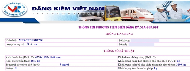 
Thông tin về biển số 51A-999.99 trên trang web chính thức của Cục Đăng kiểm Việt Nam.
