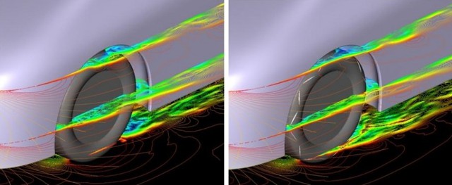 
Bên trái: Dòng khí động đi qua lốp thông thường

Bên phải: dòng khí động qua lốp khí động học mới của Yokohama
