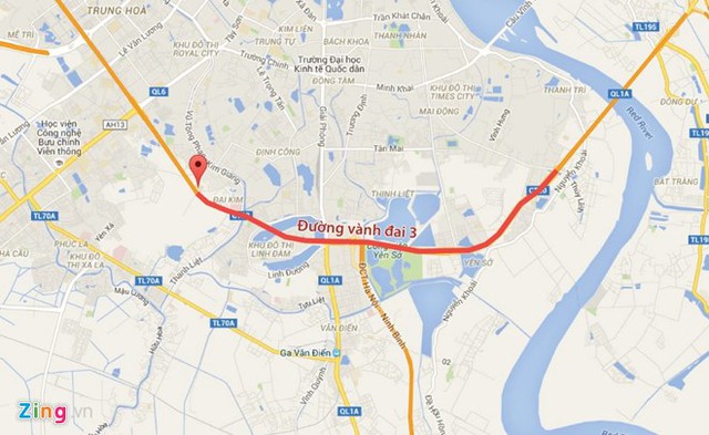 
Vị trí xảy ra sự cố (chấm đỏ) và đoạn đường ùn tắc kéo dài 12-13 km. Ảnh: GoogleMaps

