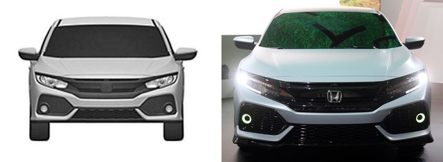 
Đầu xe của Honda Civic Hatchback 2017 phiên bản thương mại (bên trái) và concept.
