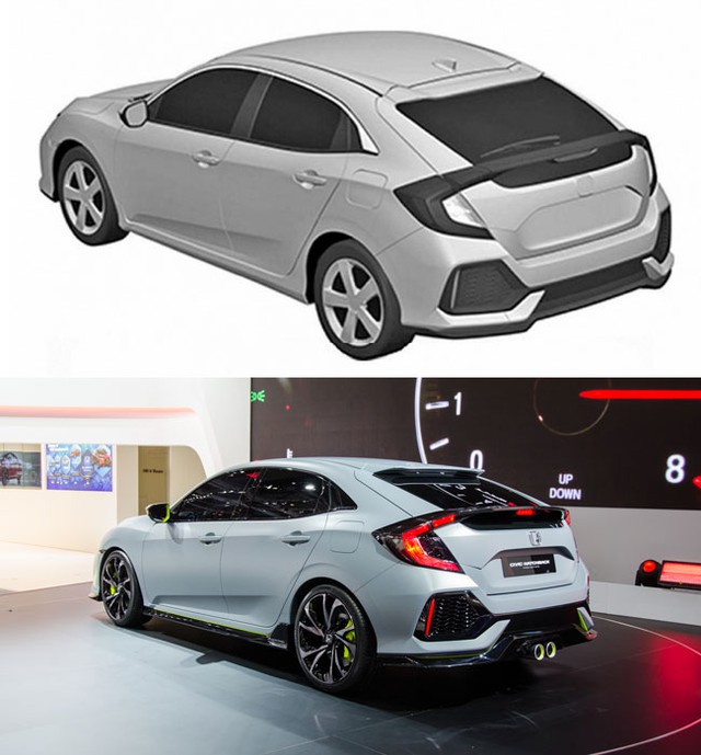 
Đuôi xe của Honda Civic Hatchback 2017 phiên bản thương mại và concept.
