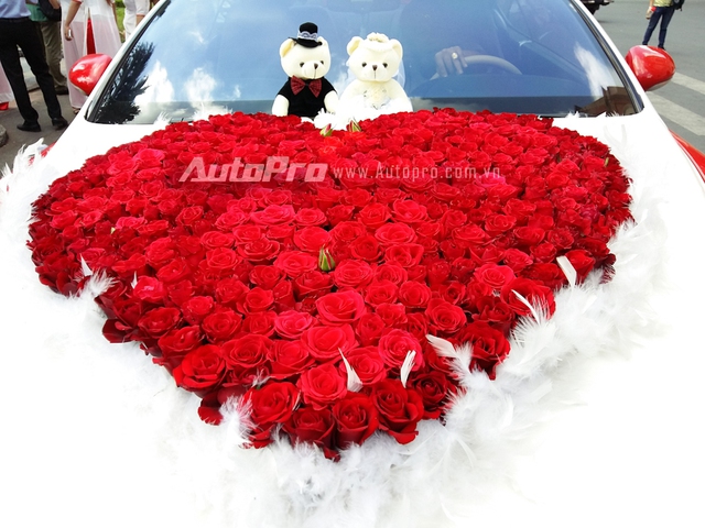 
Đầu xe nổi bật với hoa cưới hình trái tim với 99 đóa hoa hồng gắn kết với nhau. Phía trên hoa cưới là cặp gấu bông.
