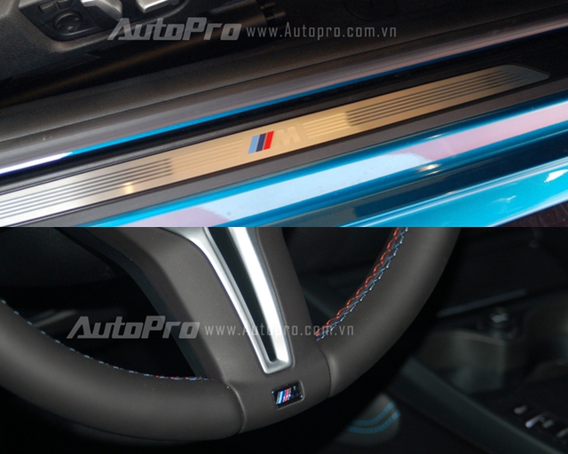 
Ngoài ra logo M xuất hiện ở bệ cửa, đáy vô lăng, trên cần số hay tựa lưng trên ghế cũng là điểm nhấn quen thuộc trên các phiên bản hiệu suất cao BMW M Series.
