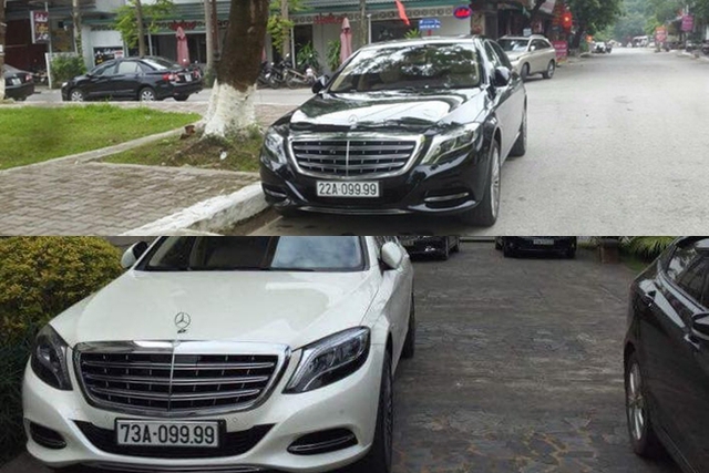 Ngoài biển ngũ quý, các đại gia Việt còn ưa chuộng biển tứ quý. Trong ảnh là bộ đôi hắc bạch công tử Mercedes-Maybach S600 của 2 đại gia Tuyên Quang và Quảng Bình đều mang biển kiểm soát khủng tứ quý 9.