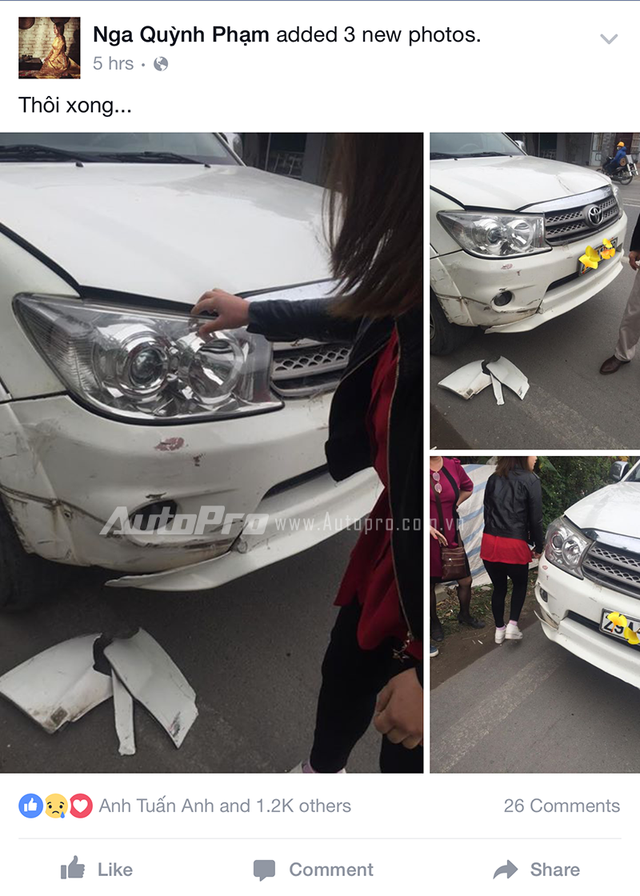 
Quỳnh Nga đăng hình ảnh chiếc ô tô sau vụ tai nạn lên Facebook cá nhân.

