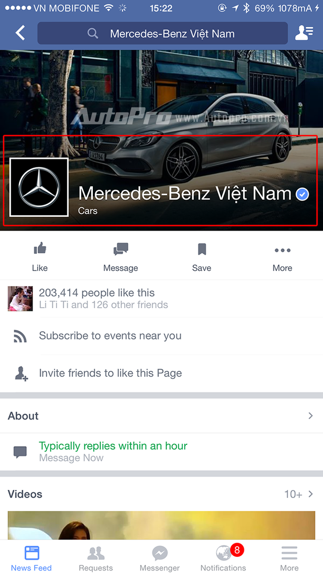 
Mercedes-Benz Việt Nam với dấu v báo hiệu đã được Facebook công nhận là fanpage chính hãng.
