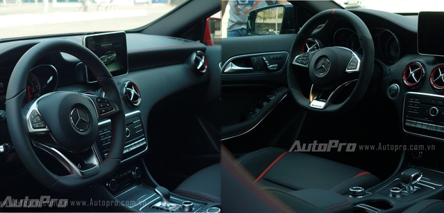 
Ngoài ra, vô-lăng của Mercedes A45 AMG 4Matic độ (bên phải) được trang trí thêm sọc đỏ ngay đỉnh tay lái. Ở đáy vô lăng còn có logo AMG.
