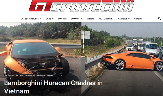 
GTSpirit đưa tin về vụ tai nạn Lamborghini Huracan tại Việt Nam. Ảnh chụp màn hình
