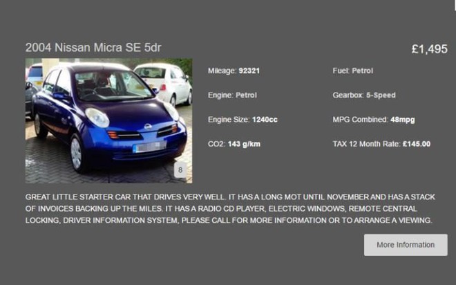 
Chiếc Nissan Micra được đăng lên trang web của cửa hàng Witney Used Car Centre trước khi về tay Thủ tướng Anh.

