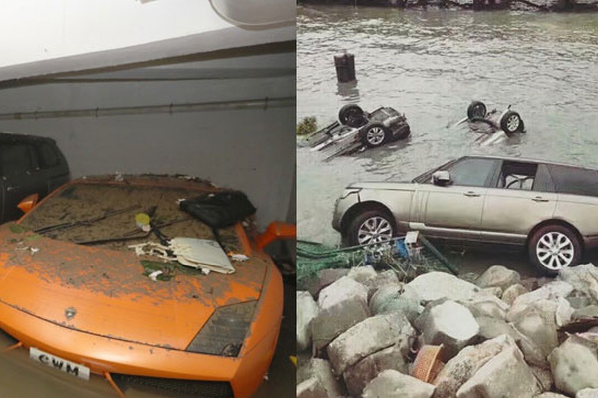 Lamborghini ngập trong nước biển, Range Rover nằm ở bờ sông sau bão Hato