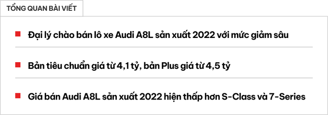 Audi A8L giảm giá chưa từng thấy tại đại lý: Khởi điểm 4,1 tỷ, sản xuất 2022, rẻ hơn hẳn 7-Series và S-Class - Ảnh 1.