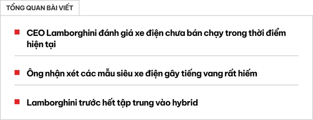 CEO Lamborghini 'chê' siêu xe điện thiếu cảm xúc, bán không chạy, còn cần chờ quan sát thêm, 'siêu bò' trước mắt cứ làm hybrid trước đã- Ảnh 1.