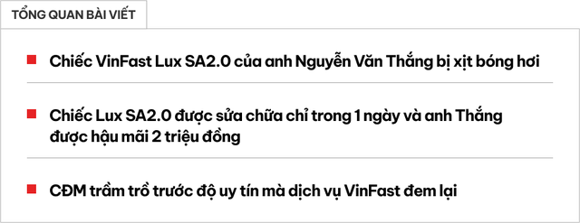 Xe bị xịt bóng hơi phải gọi cứu hộ, chủ xe VinFast Lux SA2.0 cho hay: 'Sửa trong vòng 1 ngày, còn được nhận thêm tiền' - Ảnh 1.