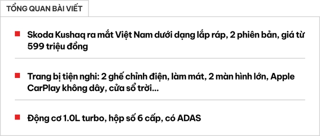 Skoda Kushaq ra mắt Việt Nam: Giá từ 599 triệu đồng, 2 bản, trang bị nội thất xịn, bản 'base' có ADAS cạnh tranh Yaris Cross, Xforce- Ảnh 1. Skoda Kushaq ra mắt Việt Nam: Giá từ 599 triệu đồng, 2 bản, trang bị nội thất xịn, bản 'base' có ADAS cạnh tranh Yaris Cross, Xforce- Ảnh 1.