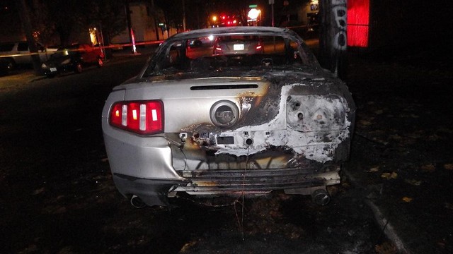 
Chiếc Ford Mustang gần như bị thiêu rụi gần hết.
