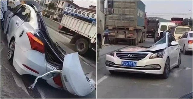 Ô tô bị container chở sỏi đè dẹp lép, tài xế thoát chết một cách thần kỳ
