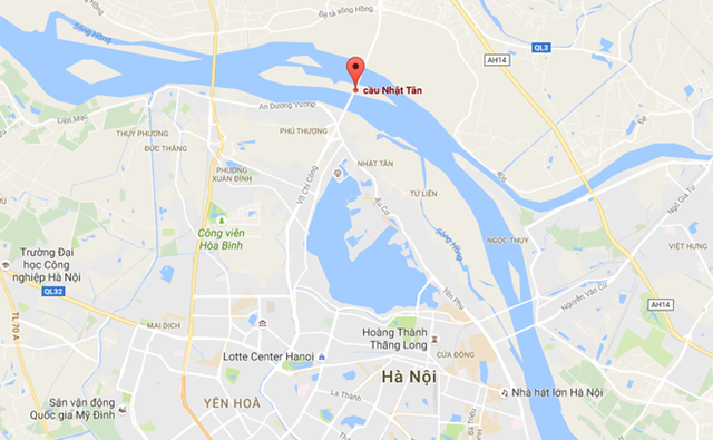 
Cầu Nhật Tân nối trung tâm Hà Nội với sân bay Nội Bài. Ảnh: Google Maps.
