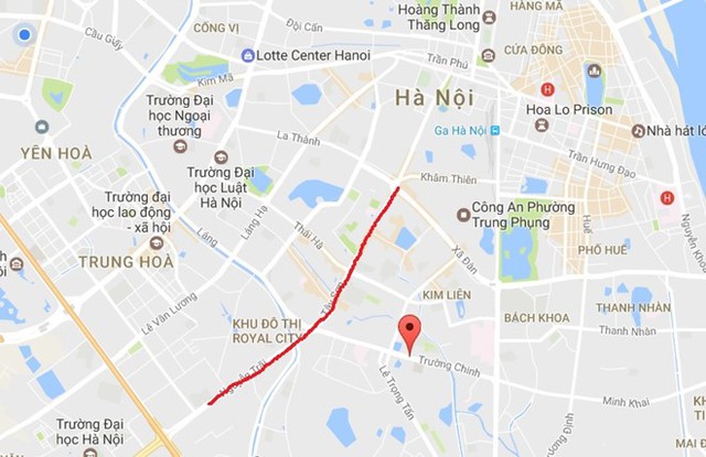 
Theo nhân chứng, ôtô chạy dọc đường Nguyễn Trãi rồi vòng lại ngã 5 Ô Chợ Dừa thì bị dừng. Ảnh: Google Maps.
