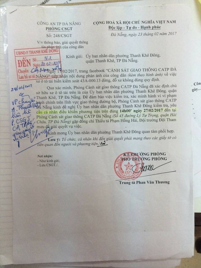  CSGT Đà Nẵng phạt nguội xe của UBND phường 700 ngàn đồng - Ảnh 1.