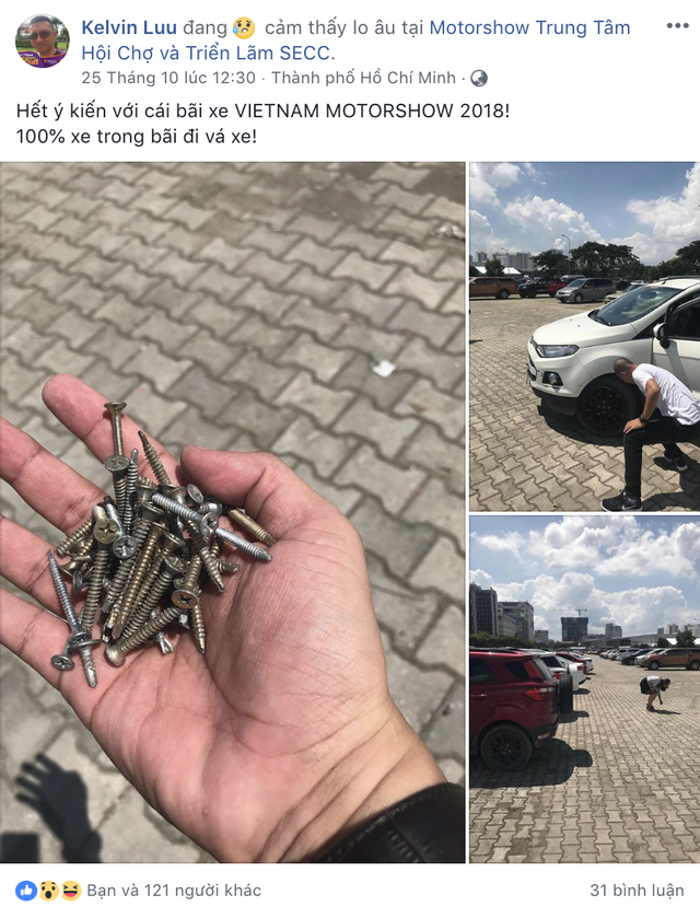 Nơm nớp thủng lốp xe khi đi xem Triển lãm ô tô Việt Nam 2018 - Ảnh 1. Nơm nớp thủng lốp xe khi đi xem Triển lãm ô tô Việt Nam 2018 - Ảnh 1.