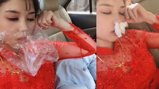 Hình ảnh cô dâu say xe bịt mũi bằng giấy ăn, đeo túi bóng trên miệng nhưng trước khi "sấp mặt" vẫn phải selfie khiến nhiều người bật cười