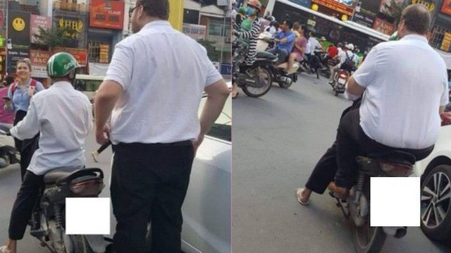 Tài xế Grab nhỏ bé đèo người đàn ông ngoại quốc - Hình ảnh gây chú ý đặc biệt trên phố