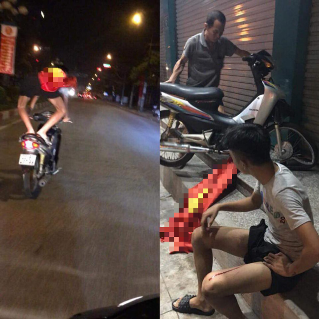 Clip: Thanh niên chở bạn gái bốc đầu xe máy mừng đội nhà thắng tứ kết ASIAD rồi ngã sấp mặt giữa đường - Ảnh 2. Clip: Thanh niên chở bạn gái bốc đầu xe máy mừng đội nhà thắng tứ kết ASIAD rồi ngã sấp mặt giữa đường - Ảnh 2.
