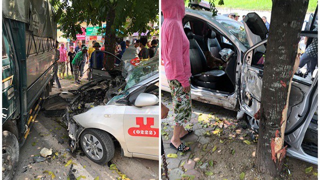 Tai nạn hy hữu: Xe tải lao từ trên đê xuống, đâm nát taxi đỗ bên đường