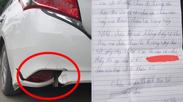 Đỗ xe bên đường bị tông gãy phía sau, người phụ nữ bất ngờ với mảnh giấy được để lại