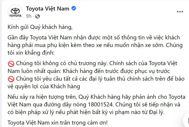 Toyota Việt Nam nói gì về việc khách hàng bị ép mua phụ kiện kèm theo xe? - Ảnh 1.