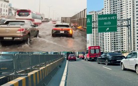 Rác bịt kín miệng hố ga khiến đường trên cao Vành đai 3 cứ mưa lớn là 'biến thành sông'