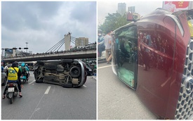 Nguyên nhân vụ ô tô Santa Fe lật nghiêng giữa Ngã Tư Sở khiến giao thông ùn tắc