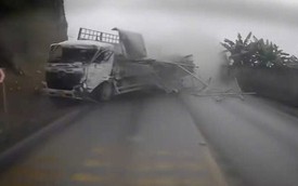 VIDEO: Xe tải nghi mất phanh, tài xế đánh lái tránh nhiều phương tiện trước khi tông vào vách núi