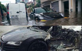 Porsche 911 ngập trong nước lũ, Audi R8 cháy rụi trong mưa
