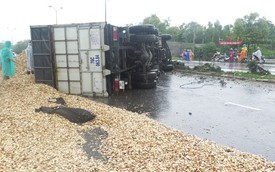 Ô tô tải lật nghiêng, gần 10 tấn dăm gỗ tràn ra quốc lộ
