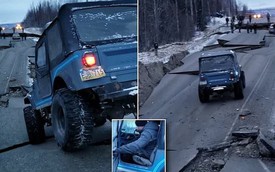 Tài xế Jeep cho xe chạy qua đoạn đường bị sụt vì động đất và cái kết kinh ngạc