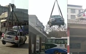 Trung Quốc: Chiếc SUV bị cẩu lên nóc nhà vì đỗ ngang trái giữa bến xe bus