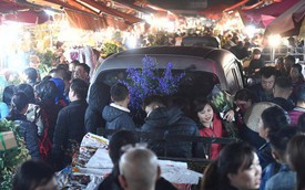 Người dân chen chúc đi mua hoa tại chợ Quảng An, giao thông qua chợ ùn tắc kéo dài