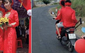 Hình ảnh chú rể bó bột chân, được cô dâu "rước" bằng xe máy khiến nhiều người vừa thương lại không nhịn được cười