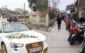 Dàn xe đón dâu cực hoành tráng ở Phú Thọ khiến dân tình trầm trồ: Xe hoa là Audi tiền tỉ, dàn SH theo sau hàng chục chiếc