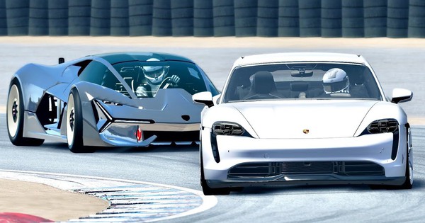 Porsche Taycan running in the campus of Lamborghini headquarters reveals the secret of a new supercar